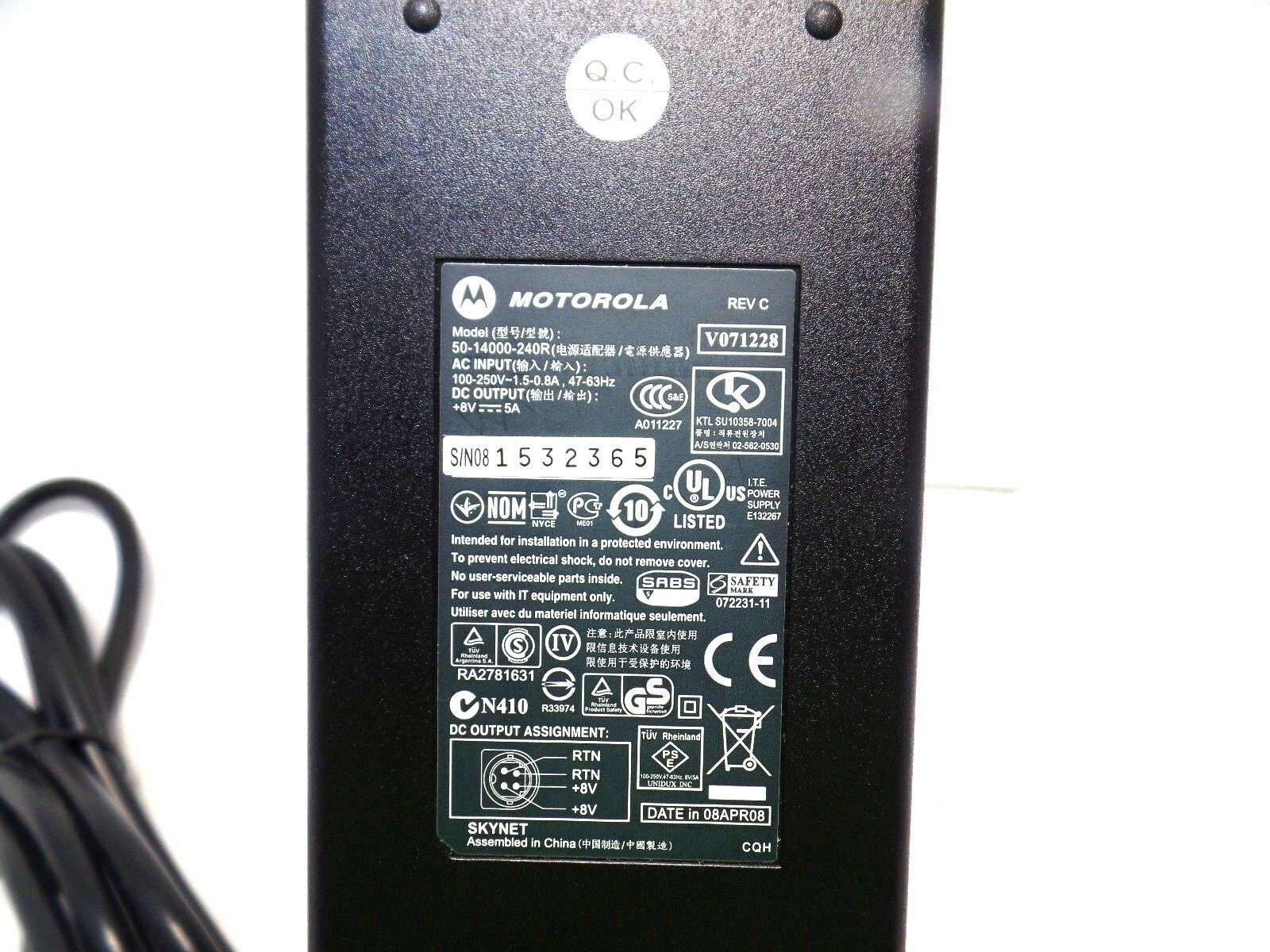 Genuine Motorola 50-14000-240R AC 100-250V 1.5-0.8A DC +8V 5A Power Adapter Speci