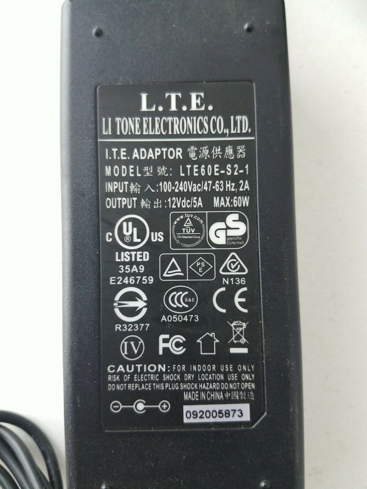 Li Tone Adaptor LTE60E-S2-1 12V DC 5 A Power Supply Type: AC/DC Adapter Featur