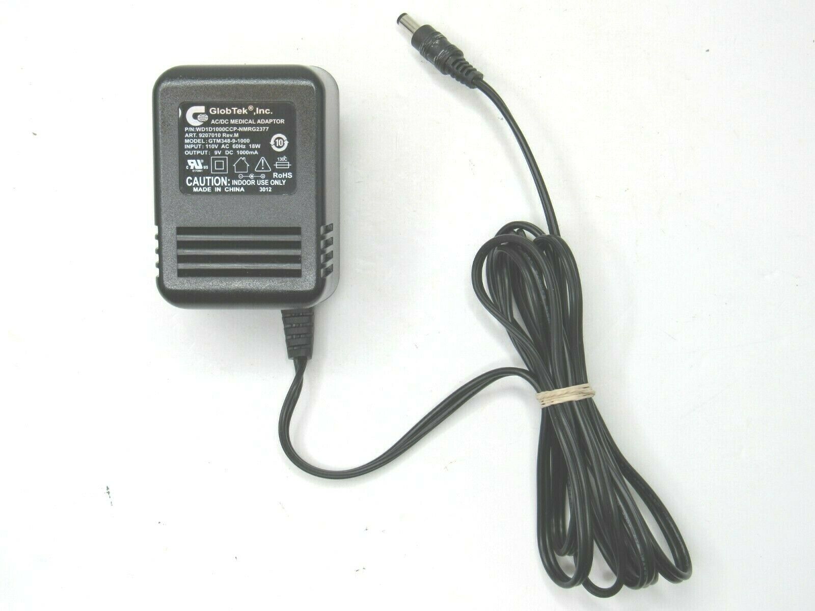 GlobTek Medical Adapter GTM349-9-1000 110V 9V DC Power Plug Supply Cord GENUINE M - Click Image to Close