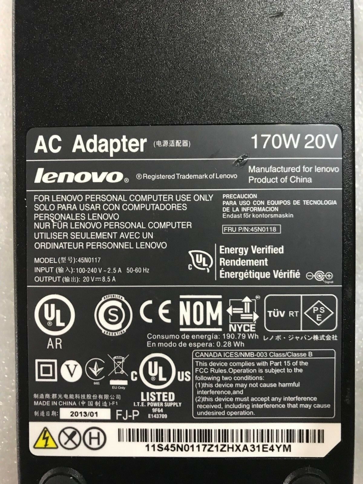 Genuine Lenovo 170W 20V 8.5A AC Adapter for W520 W530 Compatible Brand: For