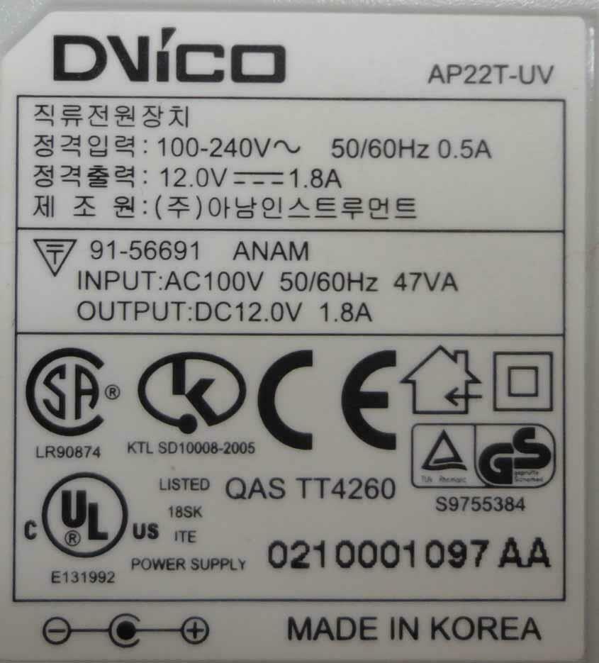Original Genuine DVICO AP22T-UV 91-56691 AC Adapter 12V - 1.8A Output Current: