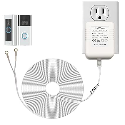 26FT Charging Cable18V500mA Doorbell Power Adapter for Video Doorbells, Ring Video