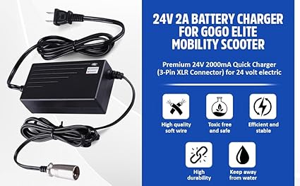 24V 2A Battery Charger for GoGo Mobility Scooter - Premium 24V 2000mA Quick Charge