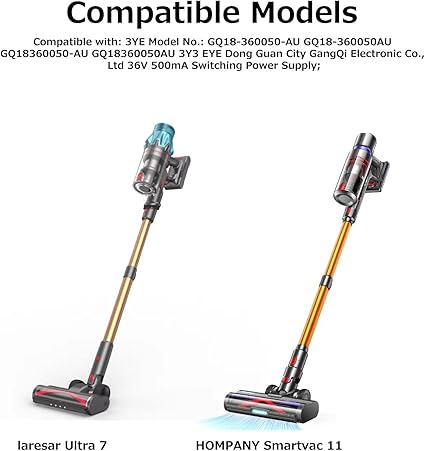 36V AC Adapter for Lirios Q5 Pro, CHEBIO CVC-V18, HOMPANY SmartVac11, Laresar Ultr