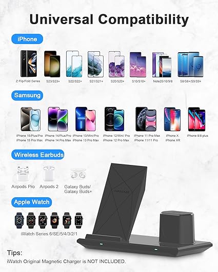 Wireless Charger 3 in 1 Fast Wireless Charging Station for Apple Watch Series 5/4/
