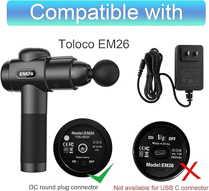 EM26 Massage Gun Charger Replacement for TOLOCO EM26, AERLANG EM13 / Darkiron EM31