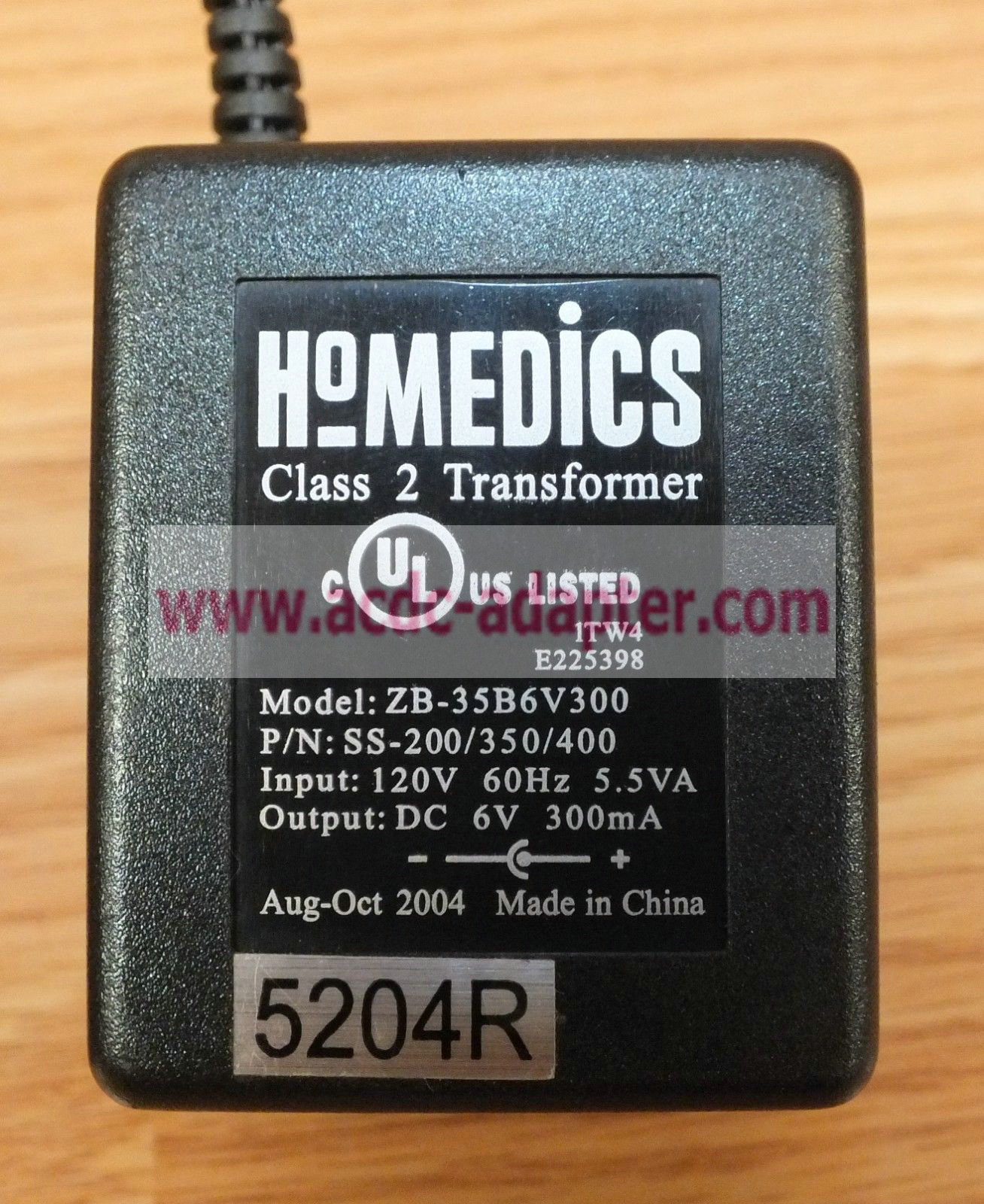 New Homedics 6V 300mA ZB-35B6V300 SS-200/350/400 Class 2 Transformer Power Supply - Click Image to Close